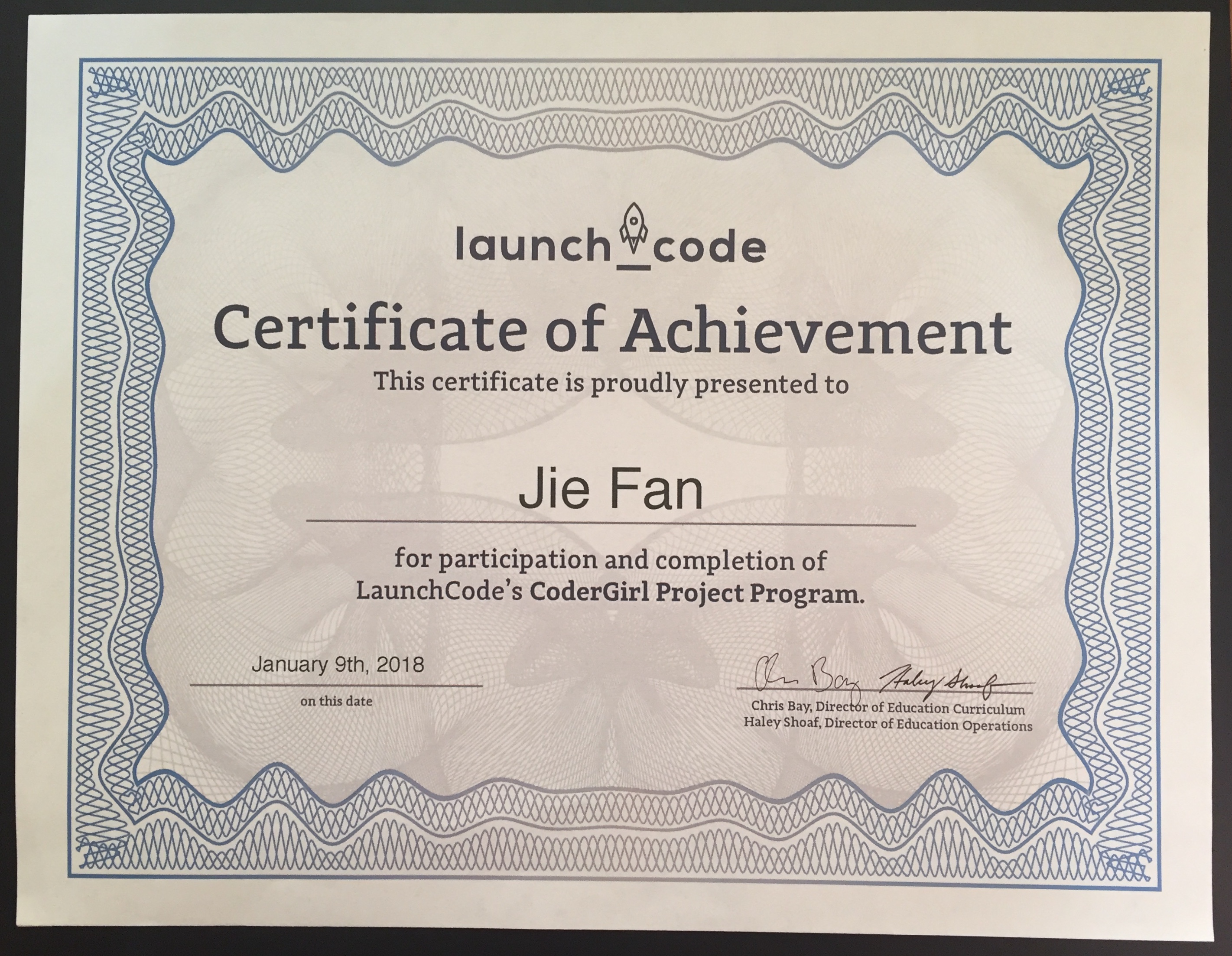 LaunchCode SQL Track Certificate of Achievement